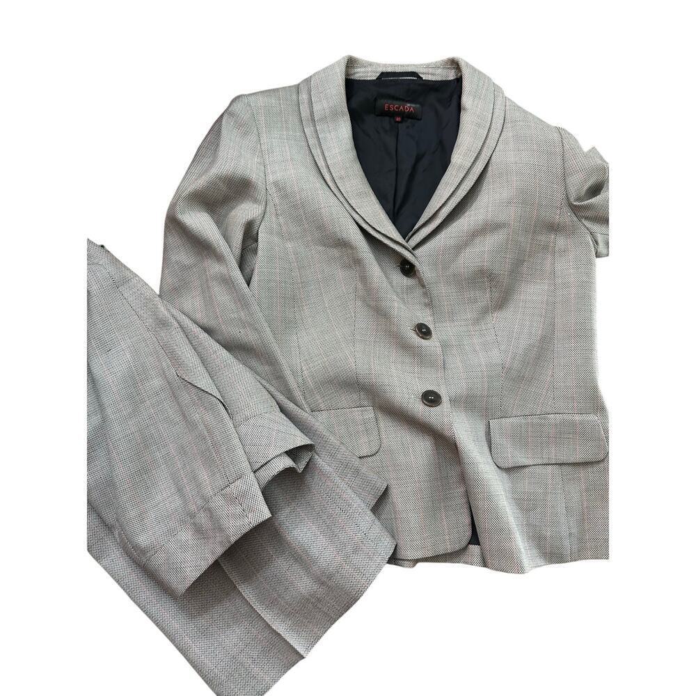 Escada Women’s Gray 100% Cupro Plaid Houndstooth Blazer Suit Size 40